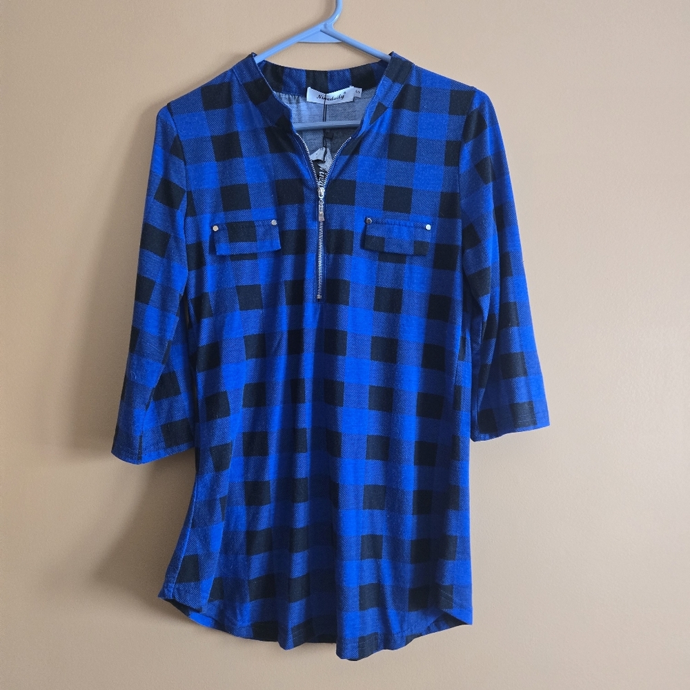 Ninedaily Blue and Black Plaid Shirt With Zipper, PTP=17"